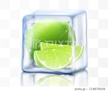 Green fresh lime in ice cube isolated on transparent background. Frozen ripe juicy lime, realistic 3d vector illustration. Bright tropical summer design Green fresh lime in ice cube isolated on transparent background. Frozen ripe juicy lime, realistic 3d vector illustration. Bright tropical summer design 119670936