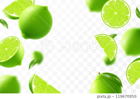 Flying ripe lime. Bright advertising background falling juicy green lime, realistic illustration with blurred effect. 3d vector design for advertising banners and web page design Flying ripe lime. Bright advertising background falling juicy green lime, realistic illustration with blurred effect. 3d vector design for advertising banners and web page design 119670950