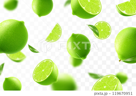 Flying ripe lime. Bright advertising background falling juicy green lime, realistic illustration with blurred effect. 3d vector design for advertising banners and web page design Flying ripe lime. Bright advertising background falling juicy green lime, realistic illustration with blurred effect. 3d vector design for advertising banners and web page design 119670951
