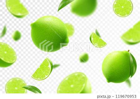 Flying ripe lime. Bright advertising background falling juicy green lime, realistic illustration with blurred effect. 3d vector design for advertising banners and web page design 119670953