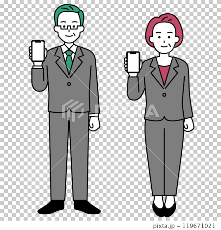 スマートフォンの画面を見せる中年のスーツの男女 セット(全身) スマートフォンの画面を見せる中年のスーツの男女 セット(全身) 119671021