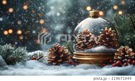 Christmas scene with snow globes and pine...のイラスト素材 [119671044] - PIXTA