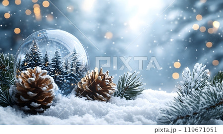 Winter-themed illustration with snow globes and pine tree branches, creating a realistic and festive Christmas background in vector format. 119671051