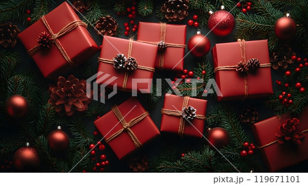 Cheerful Xmas composition featuring 3D red gift boxes, twinkling garland, and green tree branches, arranged in a festive and vibrant flat lay. 119671101