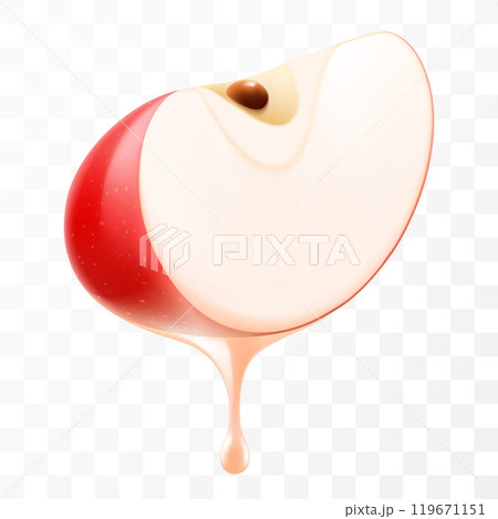 Apple Juice Dripping From Fresh Sliced Apple,isolated on transparent background. Red ripe apple with fresh juice. Bright summer design. Realistic 3d vector illustration 119671151