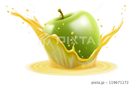 Ripe juicy green apple falls into splash of fresh apple juice. Transparent splash and drops, Refreshing splash of juice with an apple, realistic 3d vector illustration Ripe juicy green apple falls into splash of fresh apple juice. Transparent splash and drops, Refreshing splash of juice with an apple, realistic 3d vector illustration 119671172