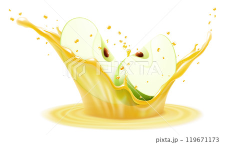 Natural fresh green apple falls into splash of fresh apple juice. Transparent splash and drops, Refreshing splash of juice with an apple, realistic 3d vector illustration 119671173