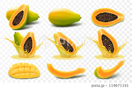 Set of ripe papaya, pawpaw, papaw half with seeds, slice and whole juicy fruit, papaya in a splash of juice with drops, isolated on transparent background. Realistic 3d vector illustration. Set of ripe papaya, pawpaw, papaw half with seeds, slice and whole juicy fruit, papaya in a splash of juice with drops, isolated on transparent background. Realistic 3d vector illustration. 119671191