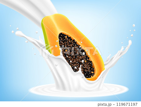 Natural fresh Ripe Papaya in splash of yogurt or milkshake, cocktail splash and drops, Milk splash with Papaya fruits. Realistic 3d vector illustration Natural fresh Ripe Papaya in splash of yogurt or milkshake, cocktail splash and drops, Milk splash with Papaya fruits. Realistic 3d vector illustration 119671197
