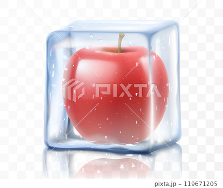 Fresh ripe apple in ice cube isolated on transparent background. Frozen red apple, realistic 3d vector illustration Fresh ripe apple in ice cube isolated on transparent background. Frozen red apple, realistic 3d vector illustration 119671205