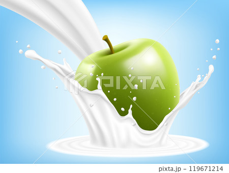 Natural fresh green apple in splash of yogurt or milkshake, cocktail splash and drops, Milk splash with apple. realistic 3d vector illustration Natural fresh green apple in splash of yogurt or milkshake, cocktail splash and drops, Milk splash with apple. realistic 3d vector illustration 119671214