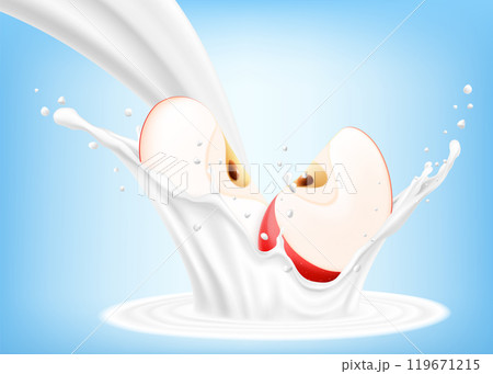 Natural fresh red apple in splash of yogurt or milkshake, cocktail splash and drops, Milk splash with apple. realistic 3d vector illustration Natural fresh red apple in splash of yogurt or milkshake, cocktail splash and drops, Milk splash with apple. realistic 3d vector illustration 119671215