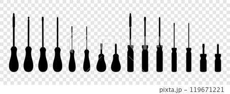 Set of screwdrivers isolated on transparent background. Flat head and Phillips, long and short screwdrivers. Tool for Home Repairs and Mechanical Work. Black silhouette icons, vector illustration. 119671221
