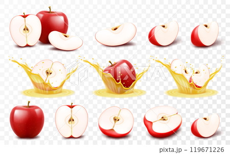 Set of red apple isolated on transparent background. Whole, half and slices of red apple, apple in a splash of juice with drops. Summer harvest. Natural product. Realistic 3d vector illustration Set of red apple isolated on transparent background. Whole, half and slices of red apple, apple in a splash of juice with drops. Summer harvest. Natural product. Realistic 3d vector illustration 119671226