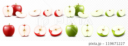 Set of red and green apples isolated on transparent background. Whole, half and slices of ripe juicy fruit. Summer harvest. Natural product. Realistic 3d vector illustration Set of red and green apples isolated on transparent background. Whole, half and slices of ripe juicy fruit. Summer harvest. Natural product. Realistic 3d vector illustration 119671227