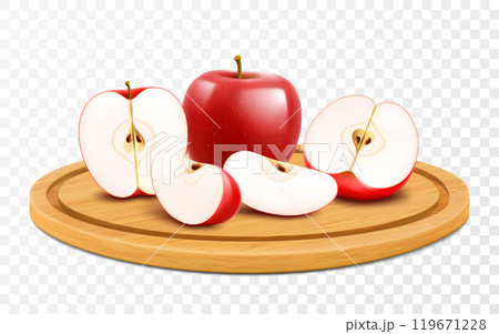 Ripe tasty juicy apples on a wooden tray. Whole apple and pieces of red apple on cutting board. Isolated 3d vector, realistic illustration Ripe tasty juicy apples on a wooden tray. Whole apple and pieces of red apple on cutting board. Isolated 3d vector, realistic illustration 119671228