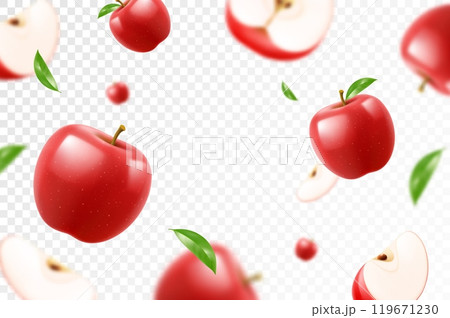 Flying red juicy apples. Bright advertising background falling red apples, realistic with blurred effect. 3d vector illustration 119671230