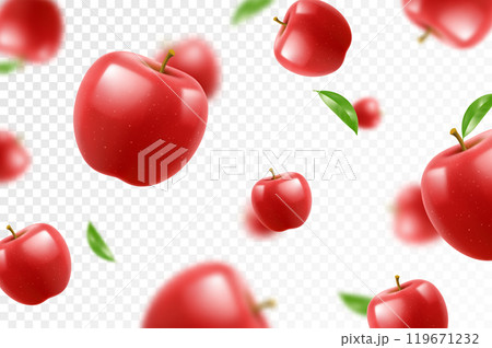 Flying red juicy apples. Bright advertising background falling red apples, realistic with blurred effect. 3d vector illustration 119671232