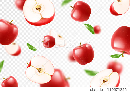 Flying red juicy apples. Bright advertising background falling red apples, realistic with blurred effect. 3d vector illustration Flying red juicy apples. Bright advertising background falling red apples, realistic with blurred effect. 3d vector illustration 119671233