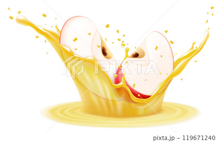 Natural fresh red apple falls into splash of fresh apple juice. Transparent splash and drops, Refreshing splash of juice with an apple, realistic 3d vector illustration 119671240