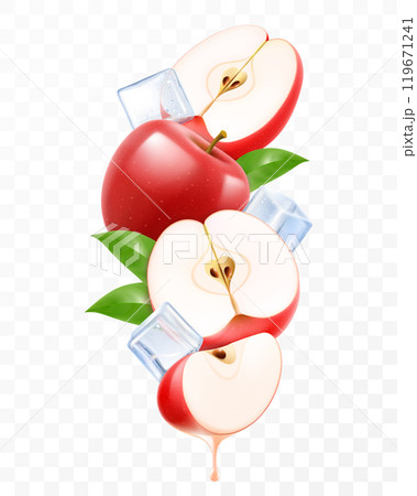 Ripe red apple and ice cubes. Composition of fresh apples with leaves, whole apple, half and slices of apple, 3D realistic vector illustration isolated on transparent background. Ripe red apple and ice cubes. Composition of fresh apples with leaves, whole apple, half and slices of apple, 3D realistic vector illustration isolated on transparent background. 119671241