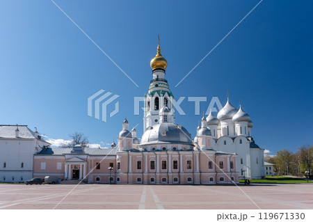 View of the Vologda Kremlin. St. Sophia Cathedral, bell tower and Resurrection Cathedral on a clear summer day. Historical landmark of the city of Vologda. View of the Vologda Kremlin. St. Sophia Cathedral, bell tower and Resurrection Cathedral on a clear summer day. Historical landmark of the city of Vologda. 119671330