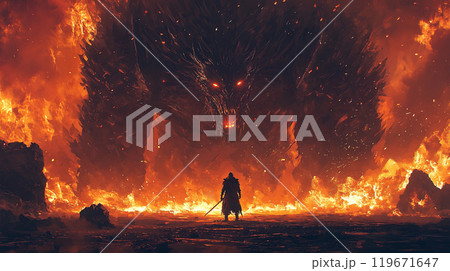 強大な敵に立ち向かう1人の戦士 強大な敵に立ち向かう1人の戦士 119671647