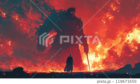 強大な敵に立ち向かう1人の戦士 119671650