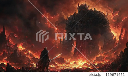 強大な敵に立ち向かう1人の戦士のイラスト素材 [119671651] - PIXTA