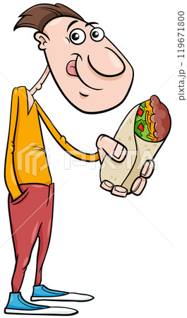 cartoon young hungry guy with burrito food object 119671800