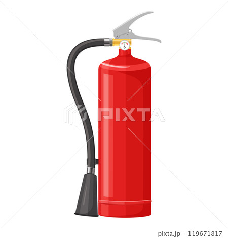 Red fire extinguisher with nozzle isolated on white background. Portable fire extinguishing equipment from fire department. Professional tool or instrument. Flat cartoon design vector illustration 119671817