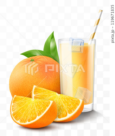 A glass of fresh orange juice or smoothie with ice cubes falling into the glass. Cup of cocktail or yogurt with orange fruits, isolated on transparent background. Realistic 3d vector 119671835