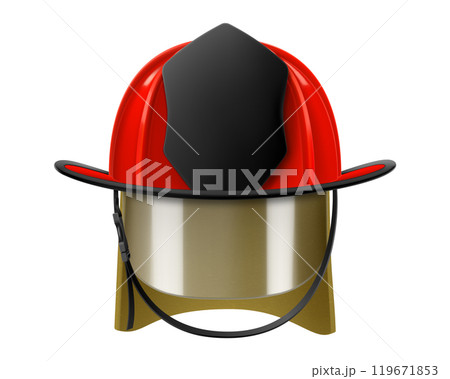 Firefighter Helmet or Fireman Hat isolated on white background. Realistic 3d vector illustration isolated on white background. Firefighter gear, red helmet for protection and safety 119671853