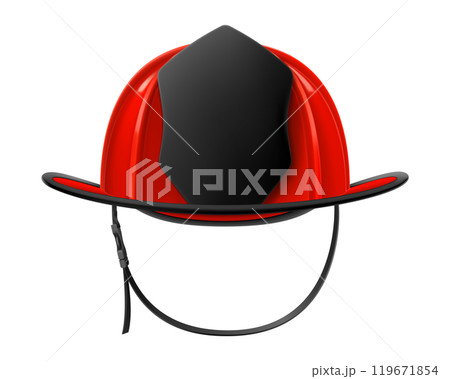 Firefighter Helmet or Fireman Hat isolated on white background. Realistic 3d vector illustration isolated on white background. Firefighter gear, red helmet for protection and safety 119671854
