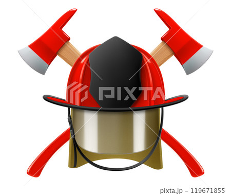 Firefighter helmet or red firefighter hat and two crossed axes isolated on white background. Realistic 3d vector illustration 119671855
