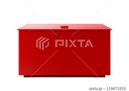 Fire sand box. Fire fighting equipment isolated on white background. The red metal box for fire prevention tools and sand. Realistic 3d Vector illustration. 119671858