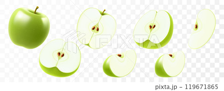 Set of green apple isolated on transparent background. Whole, half and slices of a delicious apple. Summer harvest. Natural product. Realistic 3d vector illustration, . Template for your summer design 119671865