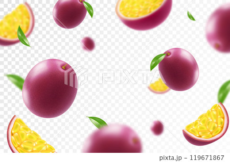Flying ripe passion fruit. Bright advertising background falling juicy passion fruit, realistic illustration with blurred effect. 3d vector design for advertising banners and web page design 119671867