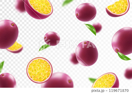 Flying ripe passion fruit. Bright advertising background falling juicy passion fruit, realistic illustration with blurred effect. 3d vector design for advertising banners and web page design Flying ripe passion fruit. Bright advertising background falling juicy passion fruit, realistic illustration with blurred effect. 3d vector design for advertising banners and web page design 119671870