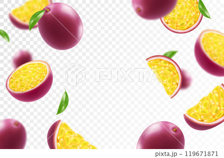 Flying ripe passion fruit. Bright advertising background falling juicy passion fruit, realistic illustration with blurred effect. 3d vector design for advertising banners and web page design Flying ripe passion fruit. Bright advertising background falling juicy passion fruit, realistic illustration with blurred effect. 3d vector design for advertising banners and web page design 119671871