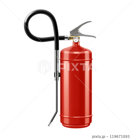 Wet Chemical Fire Extinguisher. Alarm signs, wet chemical co2. Red cylinder with spray hose. Portable fire extinguishing equipment. Realistic 3d vector illustration isolated on white background 119671893