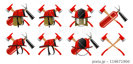 Firefighting, fire protection equipment, fire extinguisher, emergency signs. Flame fighting tools - helmet or fire hat, ax, harpoon. Realistic 3d vector illustration set. Firefighting, fire protection equipment, fire extinguisher, emergency signs. Flame fighting tools - helmet or fire hat, ax, harpoon. Realistic 3d vector illustration set. 119671900
