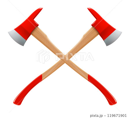 Crossed firefighter axes isolated on white background. Realistic 3d vector illustration Crossed firefighter axes isolated on white background. Realistic 3d vector illustration 119671901