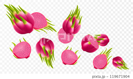 Flying ripe red dragon fruit. Bright background falling juicy fruit pitahaya, realistic illustration with blurred effect. 3d vector design for advertising banners and web page design Flying ripe red dragon fruit. Bright background falling juicy fruit pitahaya, realistic illustration with blurred effect. 3d vector design for advertising banners and web page design 119671904