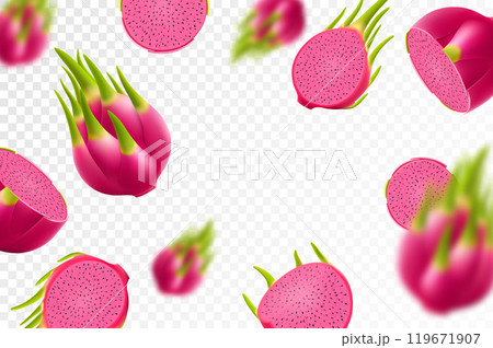 Flying ripe red dragon fruit. Bright background falling juicy fruit pitahaya, realistic illustration with blurred effect. 3d vector design for advertising banners and web page design 119671907