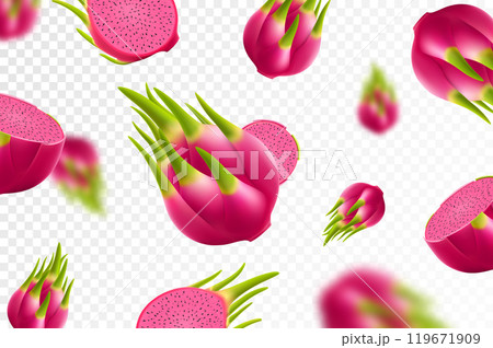 Flying ripe red dragon fruit. Bright background falling juicy fruit pitahaya, realistic illustration with blurred effect. 3d vector design for advertising banners and web page design 119671909