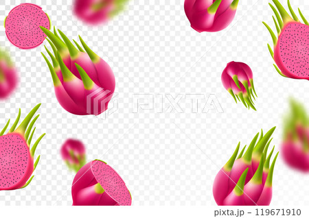 Flying ripe red dragon fruit. Bright background falling juicy fruit pitahaya, realistic illustration with blurred effect. 3d vector design for advertising banners and web page design 119671910