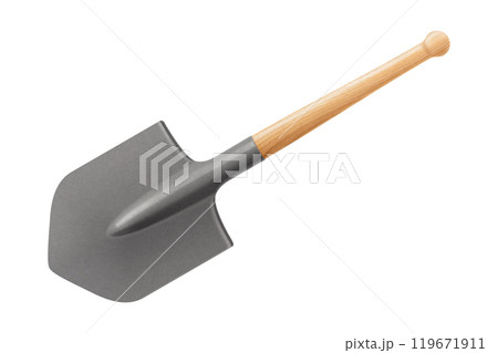Sapper shovel isolated on white background. Steel spade for soldiers or officers, equipment or supplies for agricultural work. Army, gardening, agriculture concept. Realistic 3d vector illustration 119671911