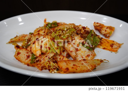 Fresh kimchi is a type of kimchi made by immediately seasoning vegetables such as cabbage 119671931