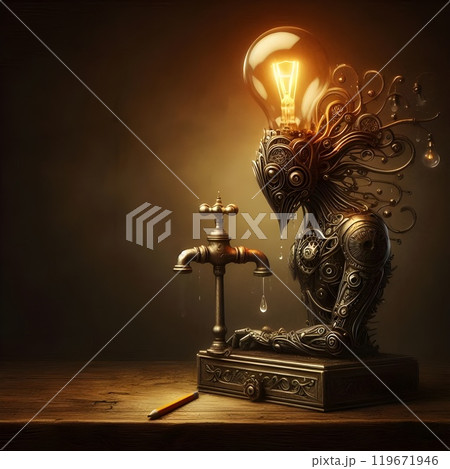 Fantasy illustration of a metal humanoid with a light bulb as the head. 119671946